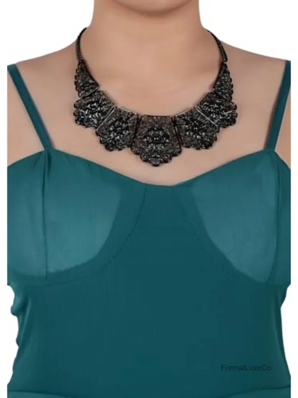Matte Filigree Floral Cut Out Chunky Statement Bib Collar Necklace Costume